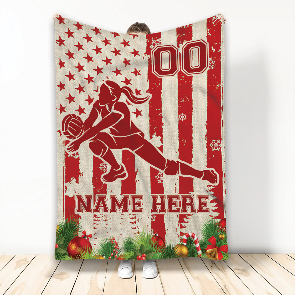 Ohaprints-Fleece-Sherpa-Blanket-Volleyball-Player-Christmas-American-Flag-Custom-Personalized-Name-Number-Soft-Throw-Blanket-1990-Fleece Blanket