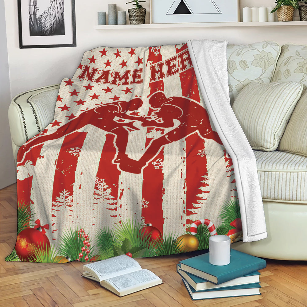 Ohaprints-Fleece-Sherpa-Blanket-Wrestling-Red-American-Flag-Christmas-Gift-Custom-Personalized-Name-Soft-Throw-Blanket-1991-Fleece Blanket