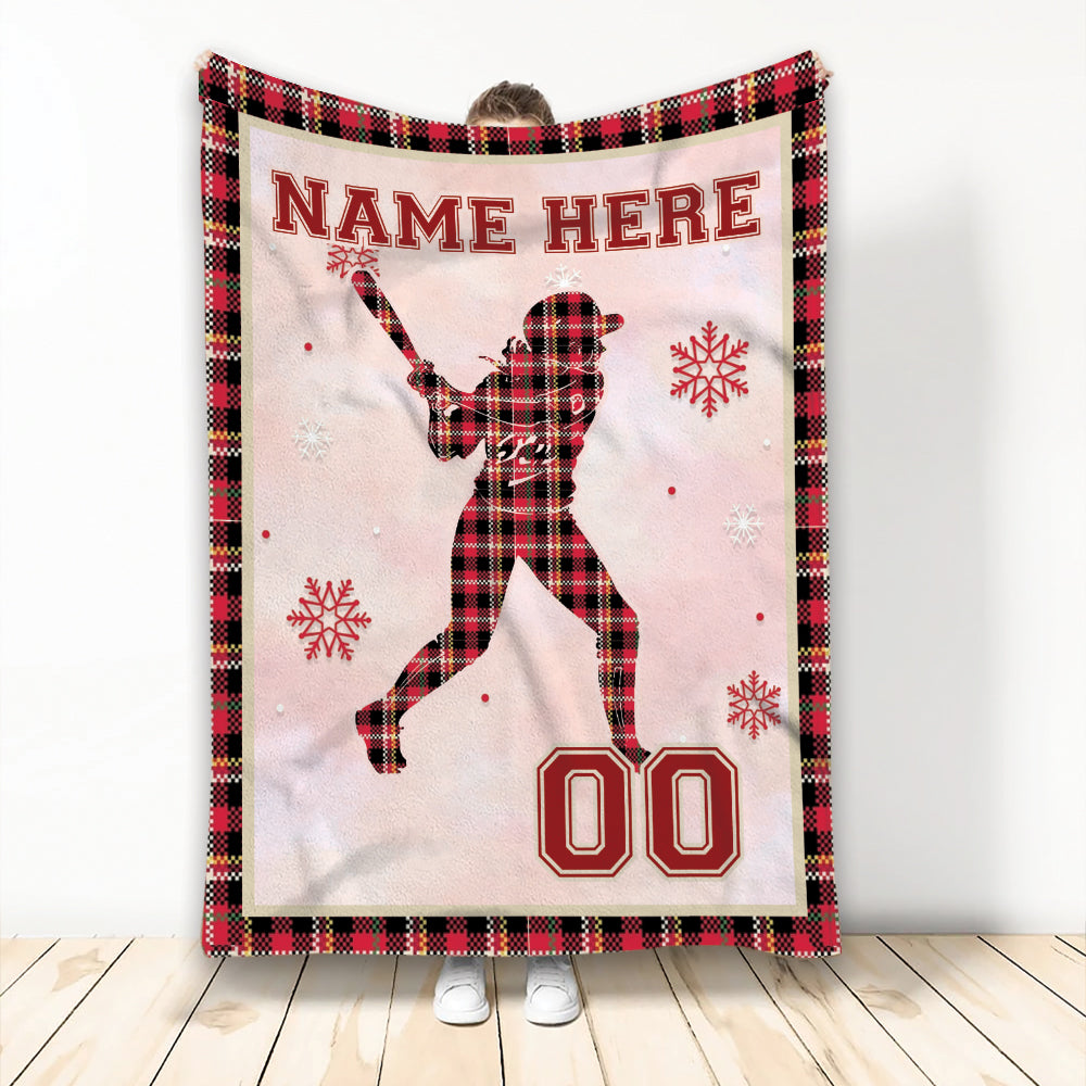 Ohaprints-Fleece-Sherpa-Blanket-Softball-Player-Red-Plaid-Christmas-Gift-Custom-Personalized-Name-Number-Soft-Throw-Blanket-1998-Fleece Blanket