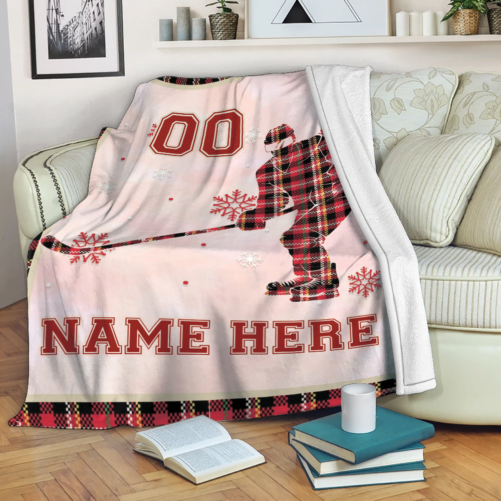Ohaprints-Fleece-Sherpa-Blanket-Ice-Hockey-Player-Red-Plaid-Christmas-Gift-Custom-Personalized-Name-Number-Soft-Throw-Blanket-1999-Fleece Blanket