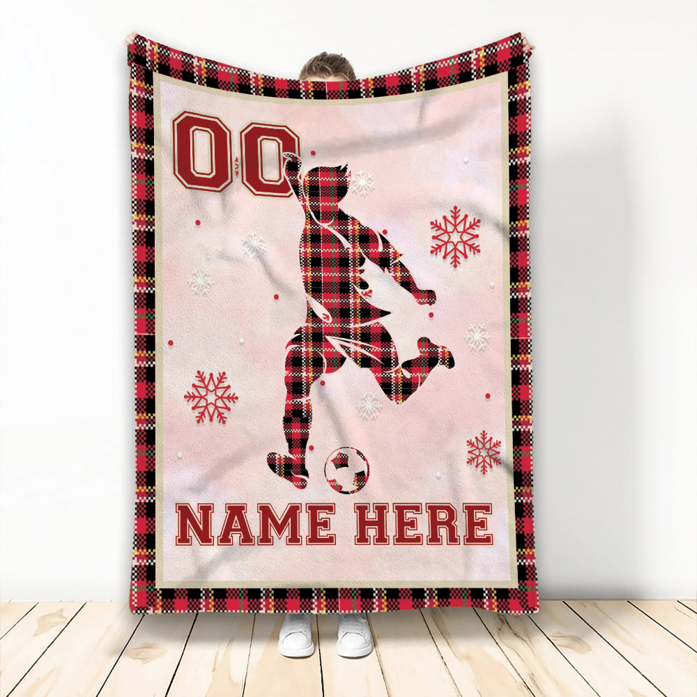 Ohaprints-Fleece-Sherpa-Blanket-Soccer-Player-Red-Plaid-Christmas-Unique-Gift-Custom-Personalized-Name-Number-Soft-Throw-Blanket-2000-Fleece Blanket