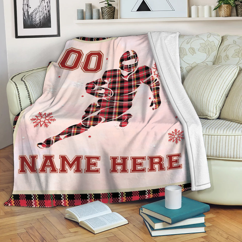 Ohaprints-Fleece-Sherpa-Blanket-American-Football-Player-Red-Plaid-Christmas-Custom-Personalized-Name-Number-Soft-Throw-Blanket-2001-Fleece Blanket