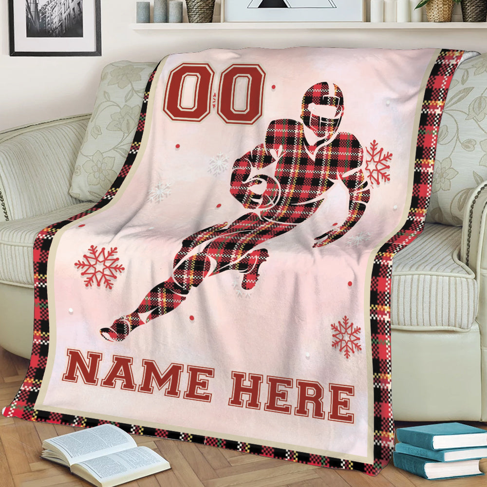 Ohaprints-Fleece-Sherpa-Blanket-American-Football-Player-Red-Plaid-Christmas-Custom-Personalized-Name-Number-Soft-Throw-Blanket-2001-Sherpa Blanket