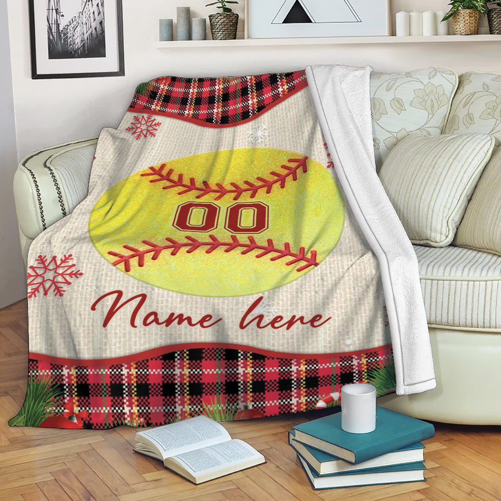 Ohaprints-Fleece-Sherpa-Blanket-Softball-Ball-Christmas-Plaid-Gift-For-Fan-Custom-Personalized-Name-Number-Soft-Throw-Blanket-2007-Fleece Blanket