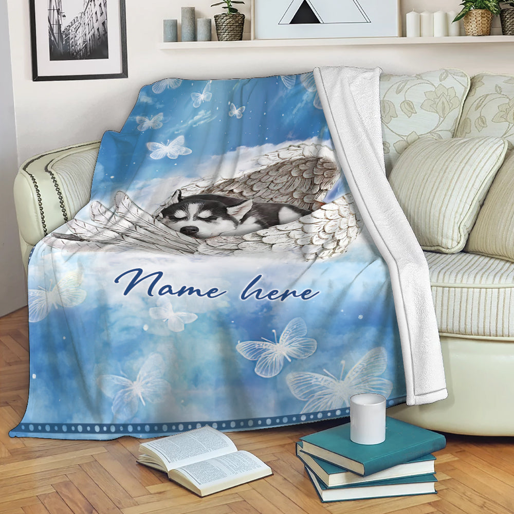 Ohaprints-Fleece-Sherpa-Blanket-Sibir-Husky-Sleeping-Angel-Wing-Pet-Dog-Memorials-Custom-Personalized-Name-Soft-Throw-Blanket-2018-Fleece Blanket