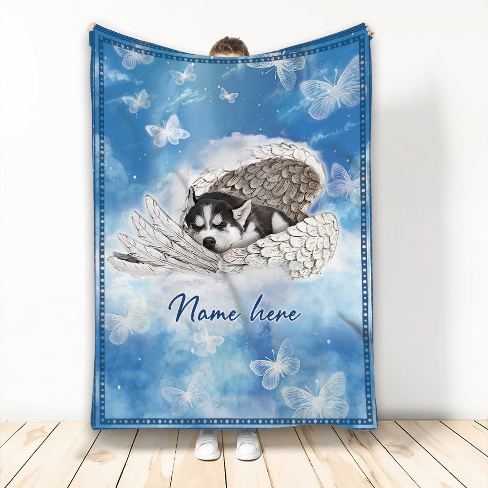 Ohaprints-Fleece-Sherpa-Blanket-Sibir-Husky-Sleeping-Angel-Wing-Pet-Dog-Memorials-Custom-Personalized-Name-Soft-Throw-Blanket-2018-Fleece Blanket