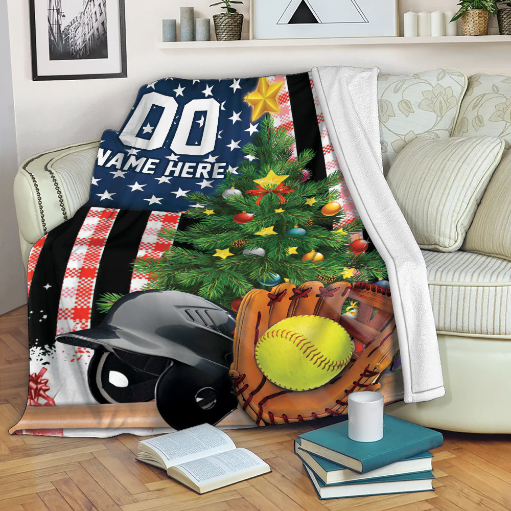 Ohaprints-Fleece-Sherpa-Blanket-Softball-American-Flag-Christmas-Tree-Gift-Custom-Personalized-Name-Number-Soft-Throw-Blanket-2034-Fleece Blanket