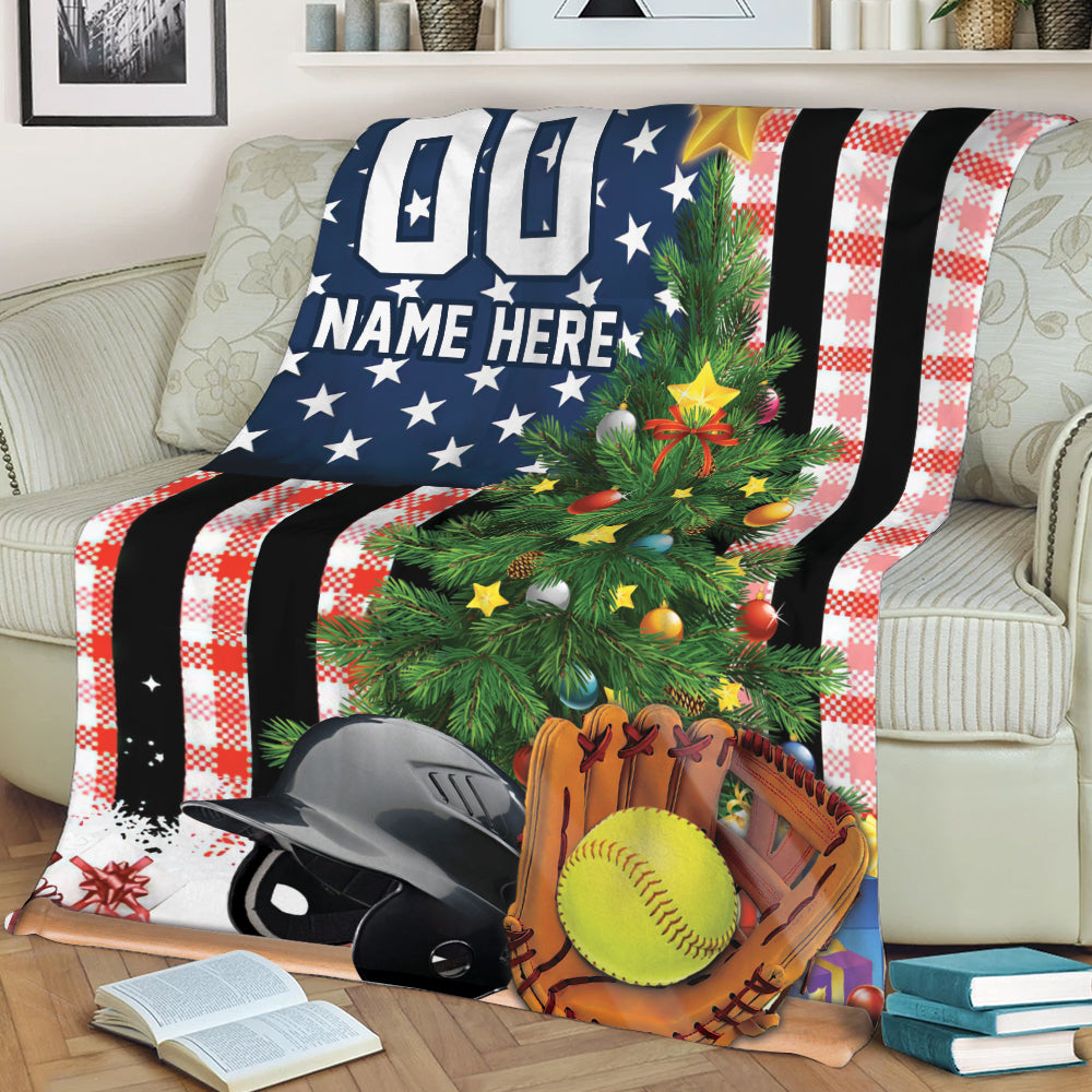 Ohaprints-Fleece-Sherpa-Blanket-Softball-American-Flag-Christmas-Tree-Gift-Custom-Personalized-Name-Number-Soft-Throw-Blanket-2034-Sherpa Blanket