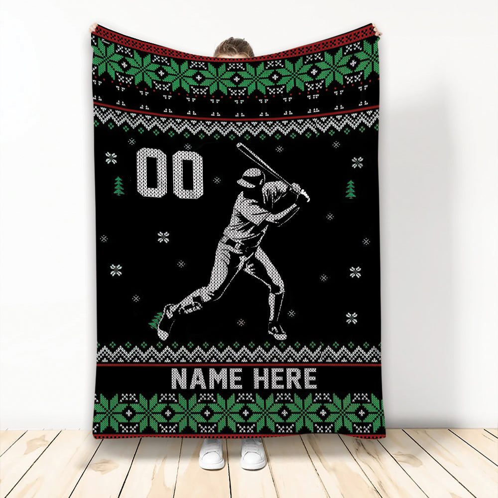 Ohaprints-Fleece-Sherpa-Blanket-Baseball-Player-Christmas-Ugly-Pattern-Gift-Custom-Personalized-Name-Number-Soft-Throw-Blanket-2041-Fleece Blanket