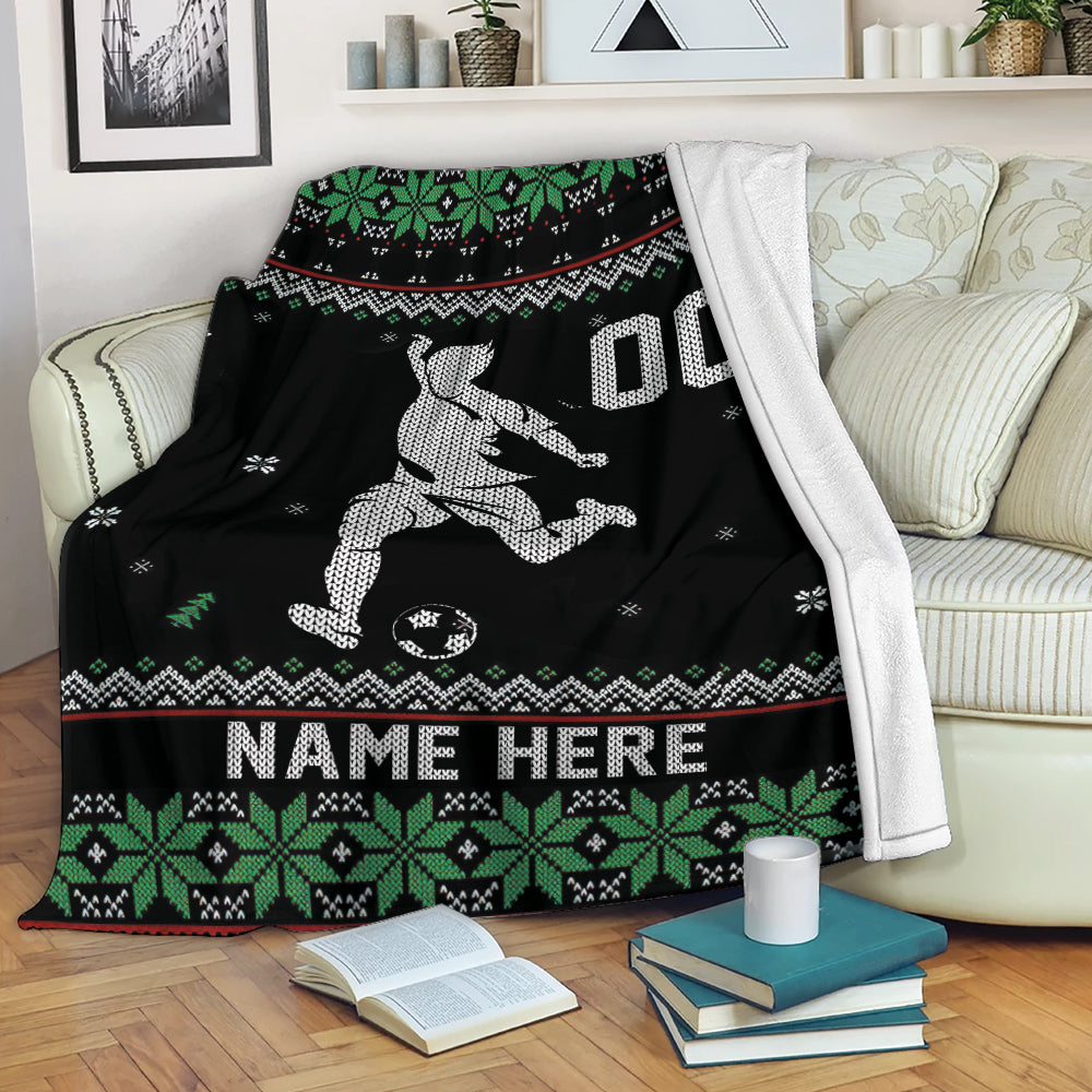 Ohaprints-Fleece-Sherpa-Blanket-Soccer-Player-Christmas-Ugly-Pattern-Gift-Custom-Personalized-Name-Number-Soft-Throw-Blanket-2043-Fleece Blanket