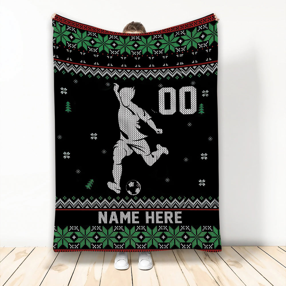 Ohaprints-Fleece-Sherpa-Blanket-Soccer-Player-Christmas-Ugly-Pattern-Gift-Custom-Personalized-Name-Number-Soft-Throw-Blanket-2043-Fleece Blanket