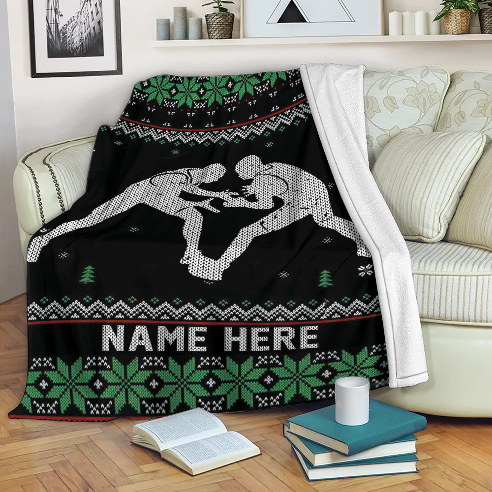 Ohaprints-Fleece-Sherpa-Blanket-Wrestling-Lover-Wrestler-Christmas-Ugly-Pattern-Gift-Custom-Personalized-Name-Soft-Throw-Blanket-2045-Fleece Blanket