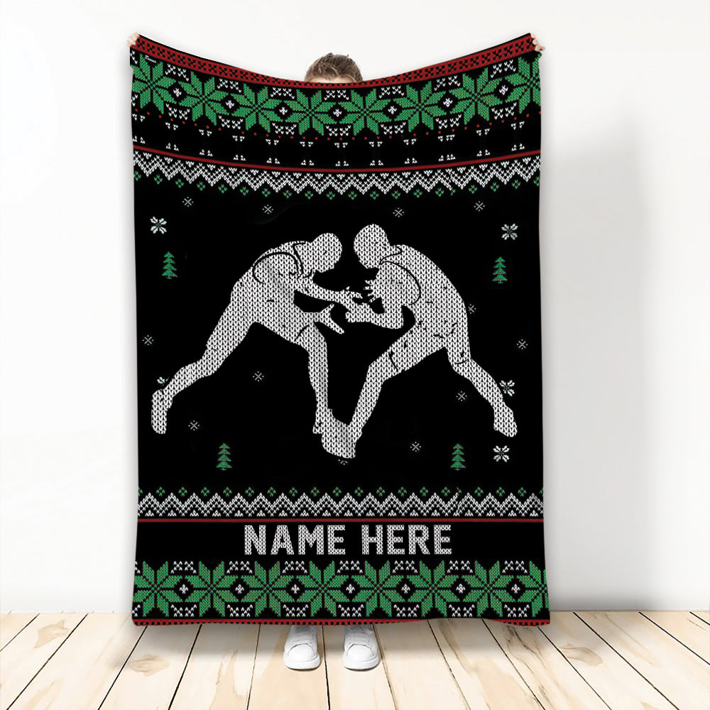 Ohaprints-Fleece-Sherpa-Blanket-Wrestling-Lover-Wrestler-Christmas-Ugly-Pattern-Gift-Custom-Personalized-Name-Soft-Throw-Blanket-2045-Fleece Blanket