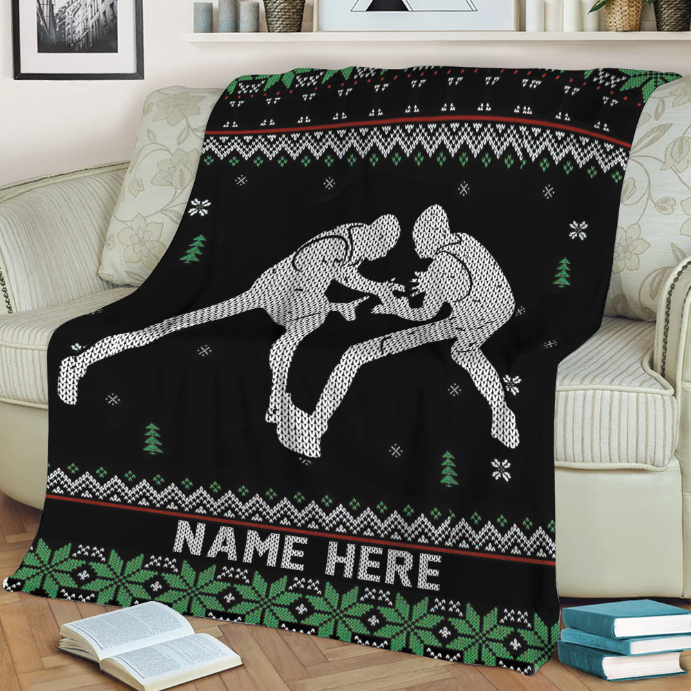 Ohaprints-Fleece-Sherpa-Blanket-Wrestling-Lover-Wrestler-Christmas-Ugly-Pattern-Gift-Custom-Personalized-Name-Soft-Throw-Blanket-2045-Sherpa Blanket