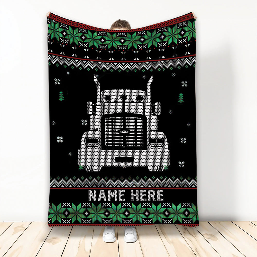 Ohaprints-Fleece-Sherpa-Blanket-Trucker-Truck-Driver-Christmas-Ugly-Pattern-Gift-Custom-Personalized-Name-Soft-Throw-Blanket-2047-Fleece Blanket