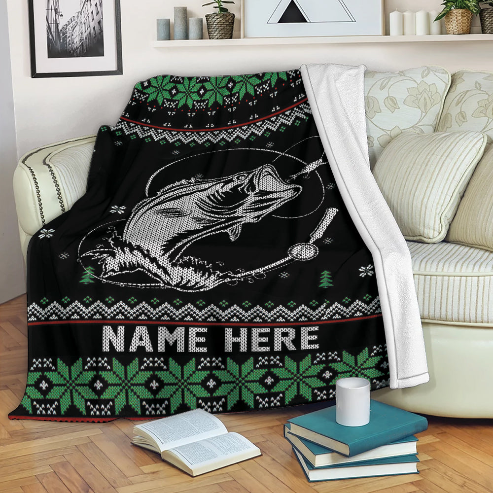 Ohaprints-Fleece-Sherpa-Blanket-Fishing-Christmas-Ugly-Pattern-Gift-For-Fisherman-Custom-Personalized-Name-Soft-Throw-Blanket-2049-Fleece Blanket