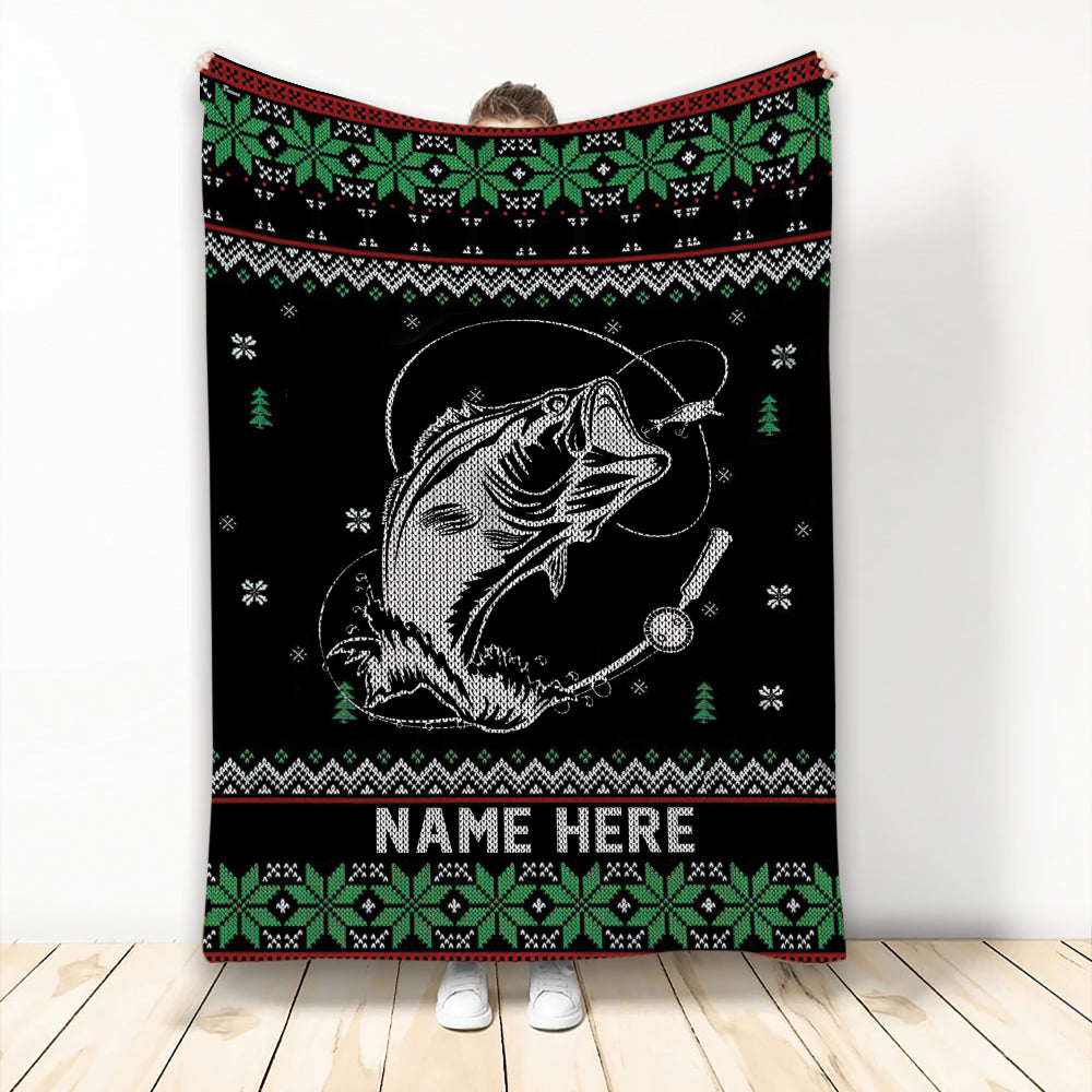 Ohaprints-Fleece-Sherpa-Blanket-Fishing-Christmas-Ugly-Pattern-Gift-For-Fisherman-Custom-Personalized-Name-Soft-Throw-Blanket-2049-Fleece Blanket