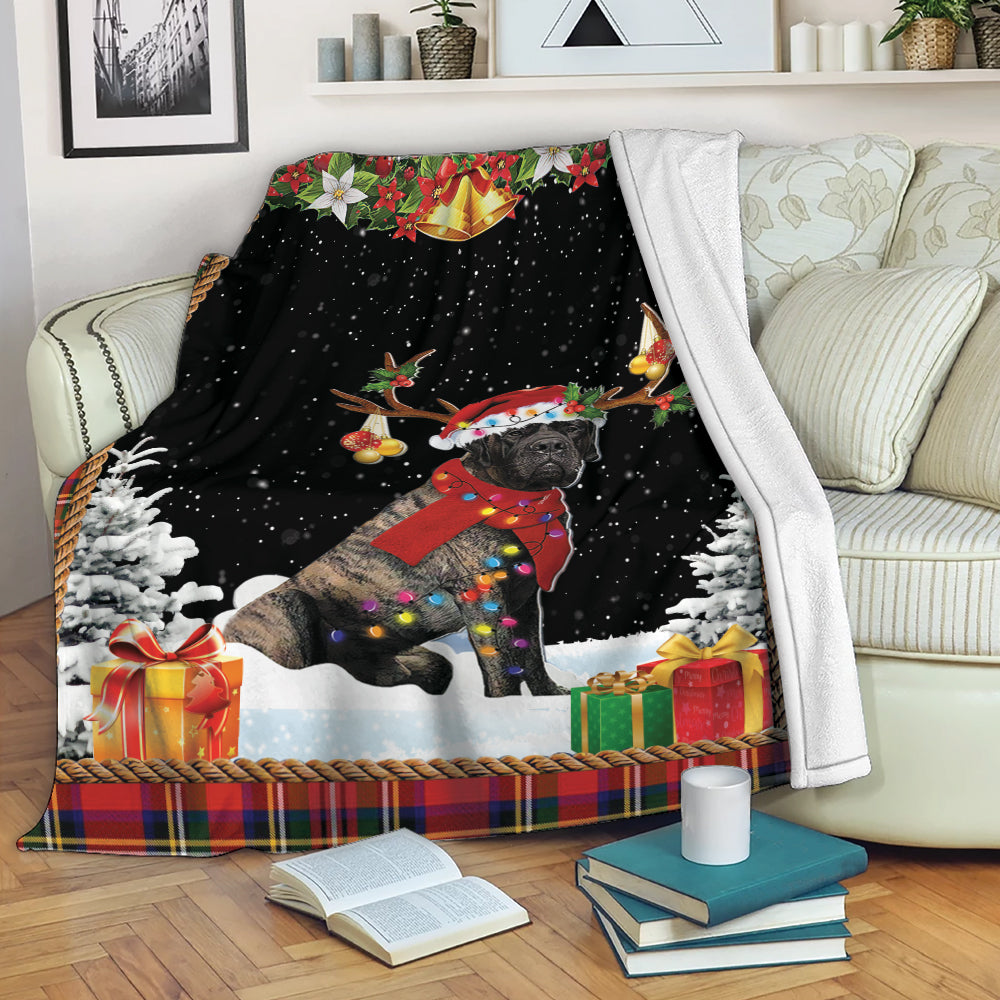 Ohaprints-Fleece-Sherpa-Blanket-Brindle-English-Mastiff-Christmas-Hat-With-String-Christmas-Tree-Snowflake-Soft-Throw-Blanket-2055-Fleece Blanket