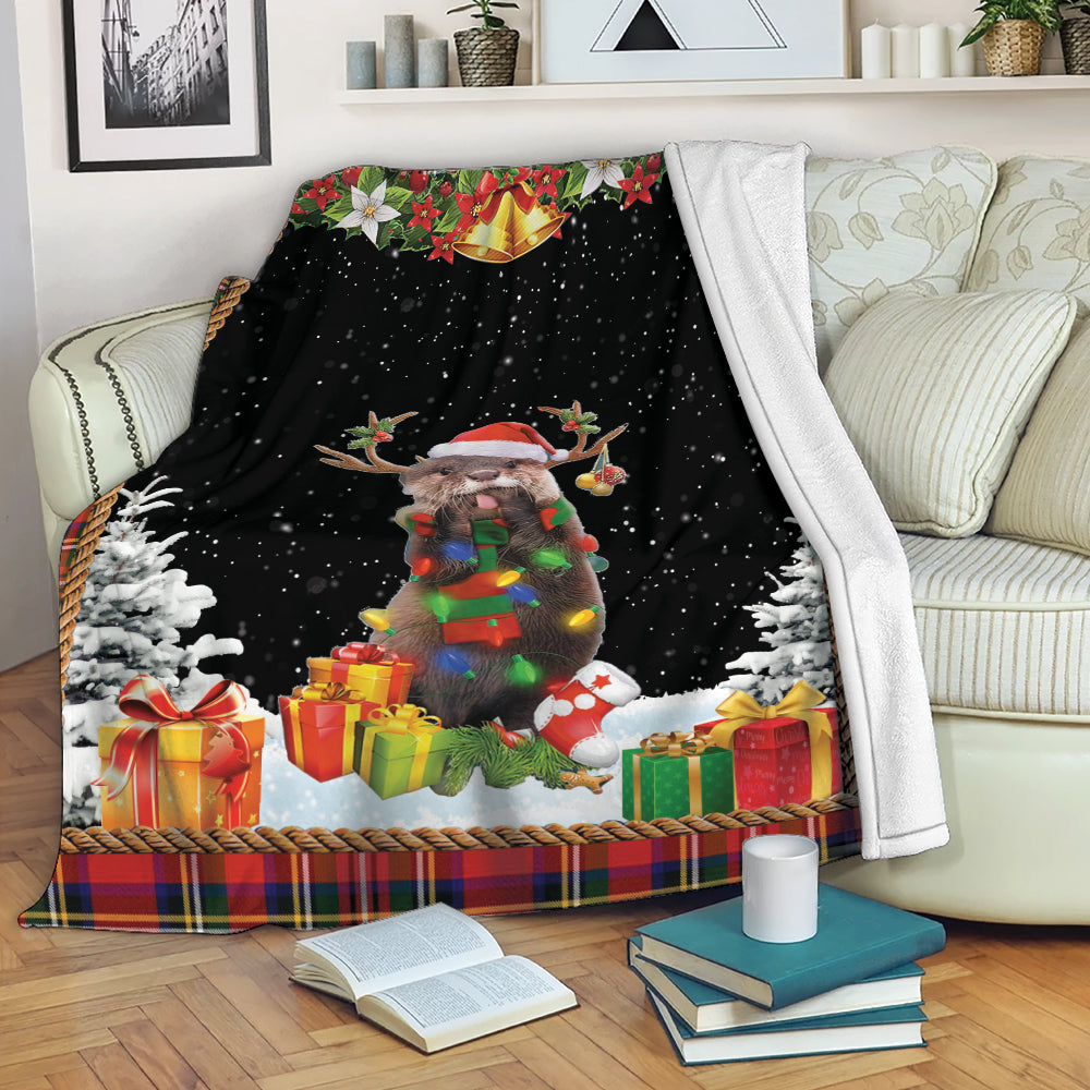 Ohaprints-Fleece-Sherpa-Blanket-Otter-Christmas-Hat-With-String-Christmas-Tree-Snowflake-Unique-Gift-Soft-Throw-Blanket-2056-Fleece Blanket