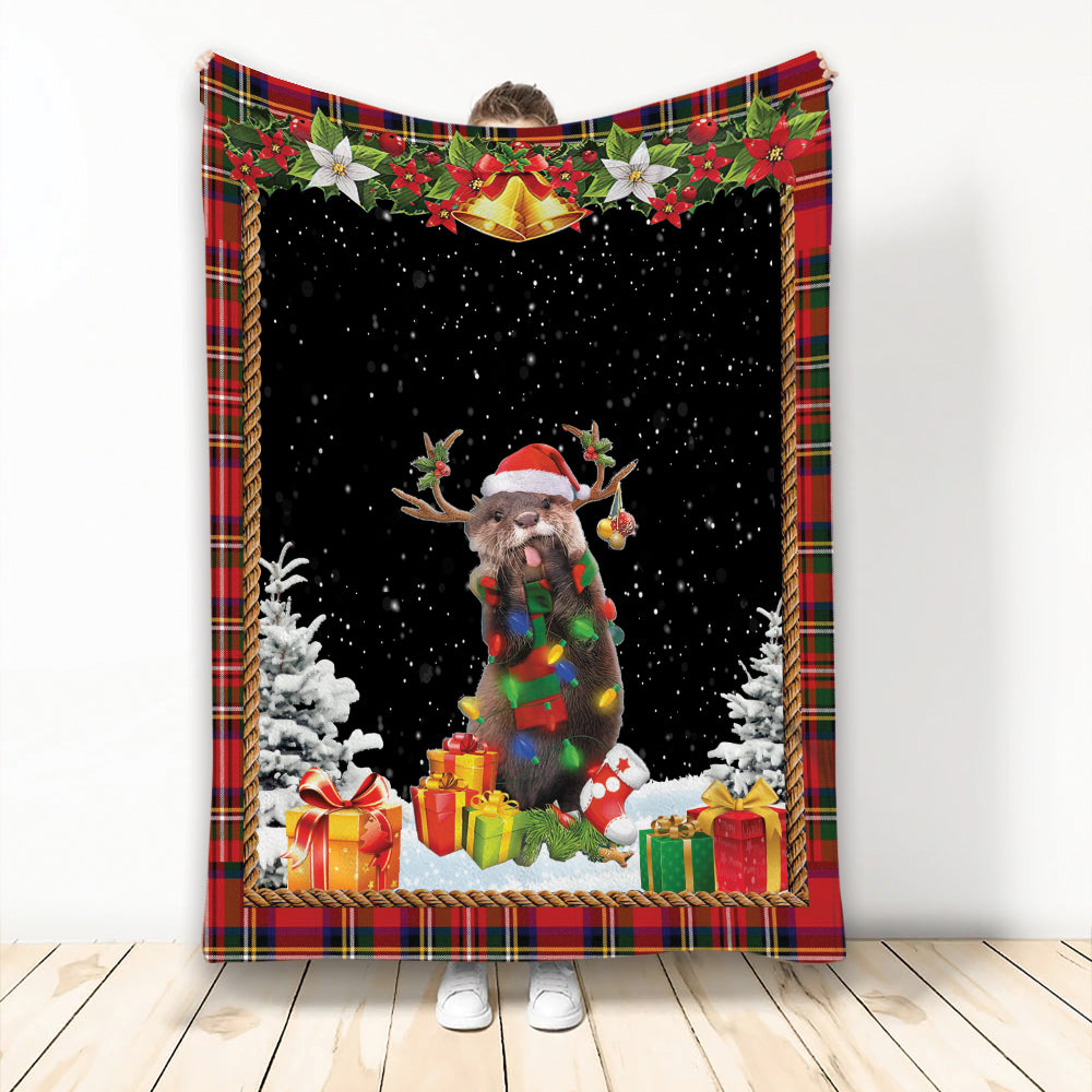 Ohaprints-Fleece-Sherpa-Blanket-Otter-Christmas-Hat-With-String-Christmas-Tree-Snowflake-Unique-Gift-Soft-Throw-Blanket-2056-Fleece Blanket