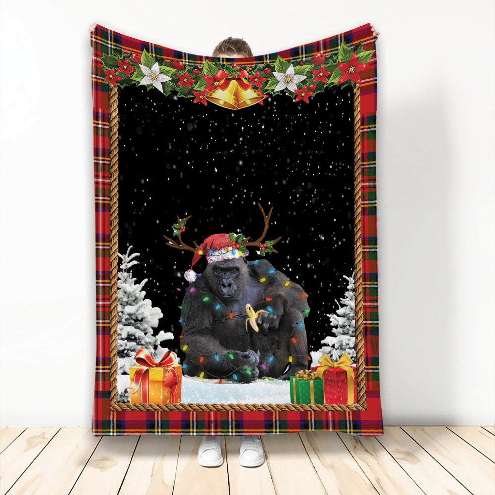 Ohaprints-Fleece-Sherpa-Blanket-Gorilla-Christmas-Hat-With-String-Christmas-Tree-Snowflake-Unique-Gift-Soft-Throw-Blanket-2058-Fleece Blanket