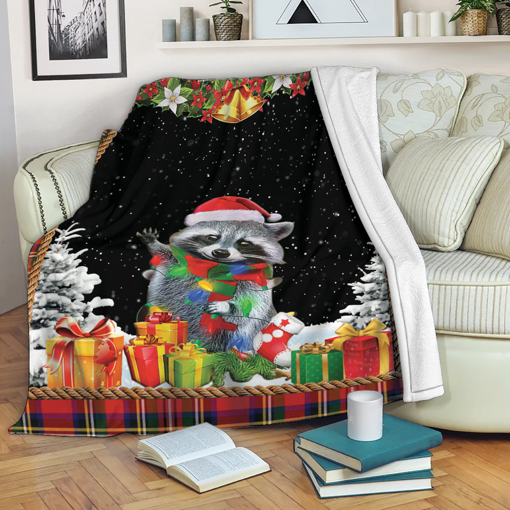 Ohaprints-Fleece-Sherpa-Blanket-Lovely-Raccoon-Christmas-Hat-With-String-Christmas-Tree-Snowflake-Unique-Gift-Soft-Throw-Blanket-2059-Fleece Blanket