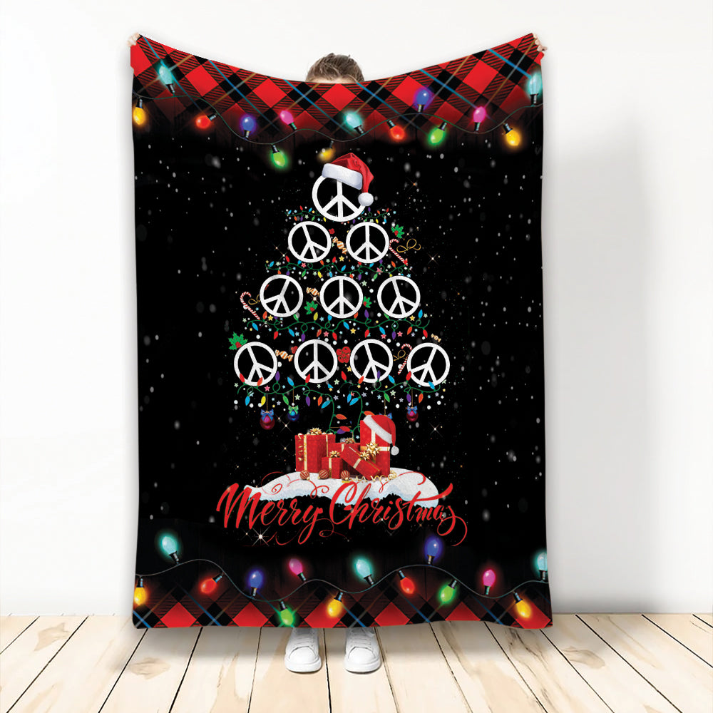 Ohaprints-Fleece-Sherpa-Blanket-Merry-Christmas-Peace-Sign-With-Santa-Hat-Light-String-Snowflake-Gift-Soft-Throw-Blanket-2090-Fleece Blanket