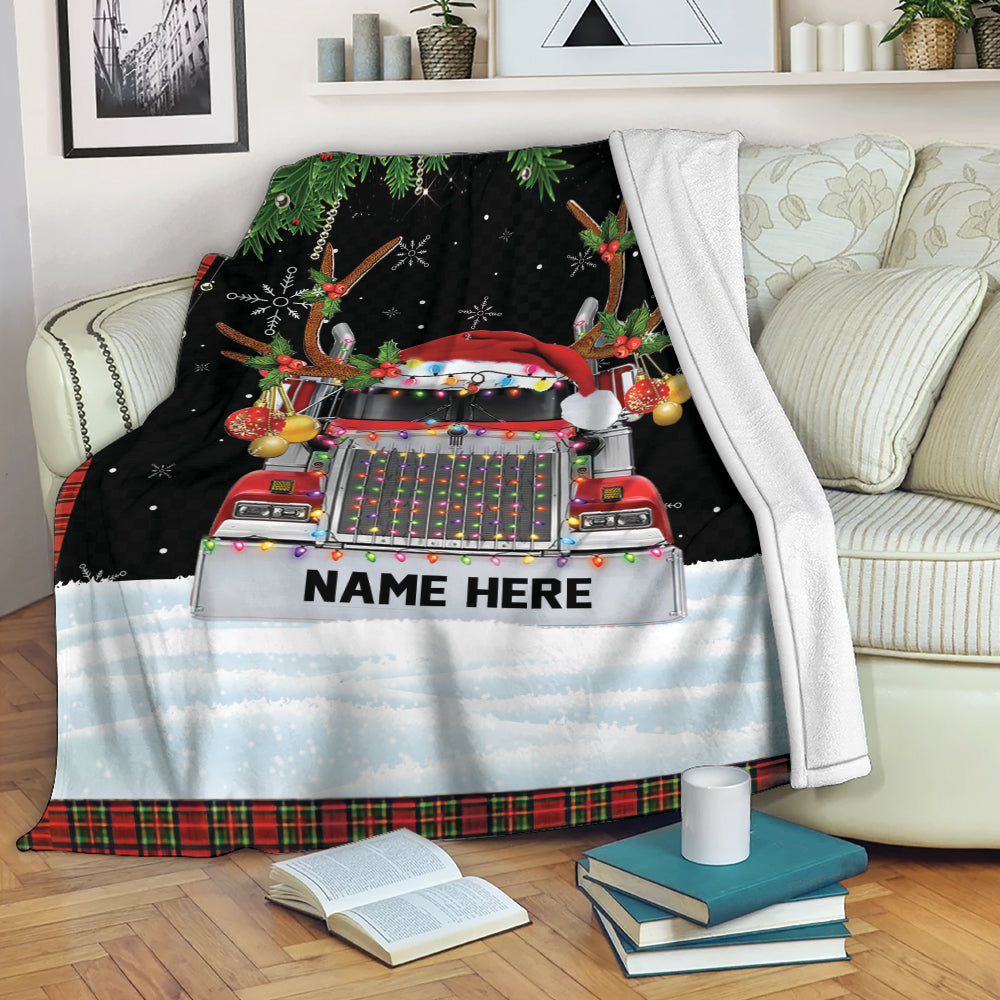 Ohaprints-Fleece-Sherpa-Blanket-Red-Truck-Reindeer-Christmas-Snowflake-Custom-Personalized-Name-Soft-Throw-Blanket-2096-Fleece Blanket