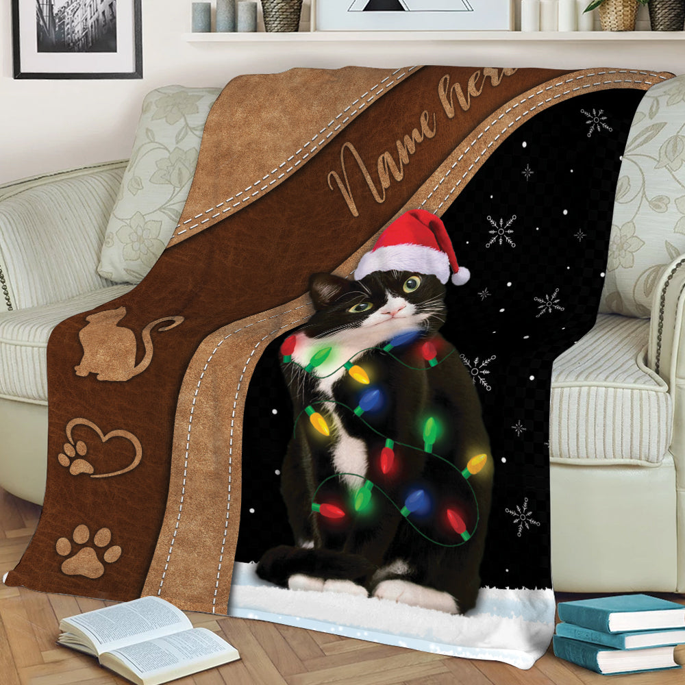 Ohaprints-Fleece-Sherpa-Blanket-Tuxedo-Cat-With-Reindeer-Hat-String-Light-Christmas-Custom-Personalized-Name-Soft-Throw-Blanket-2108-Sherpa Blanket