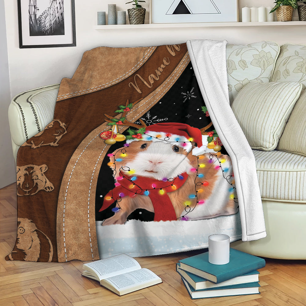 Ohaprints-Fleece-Sherpa-Blanket-Guinea-Pig-With-Reindeer-Hat-String-Light-Christmas-Custom-Personalized-Name-Soft-Throw-Blanket-2109-Fleece Blanket