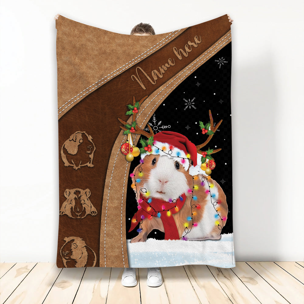 Ohaprints-Fleece-Sherpa-Blanket-Guinea-Pig-With-Reindeer-Hat-String-Light-Christmas-Custom-Personalized-Name-Soft-Throw-Blanket-2109-Fleece Blanket