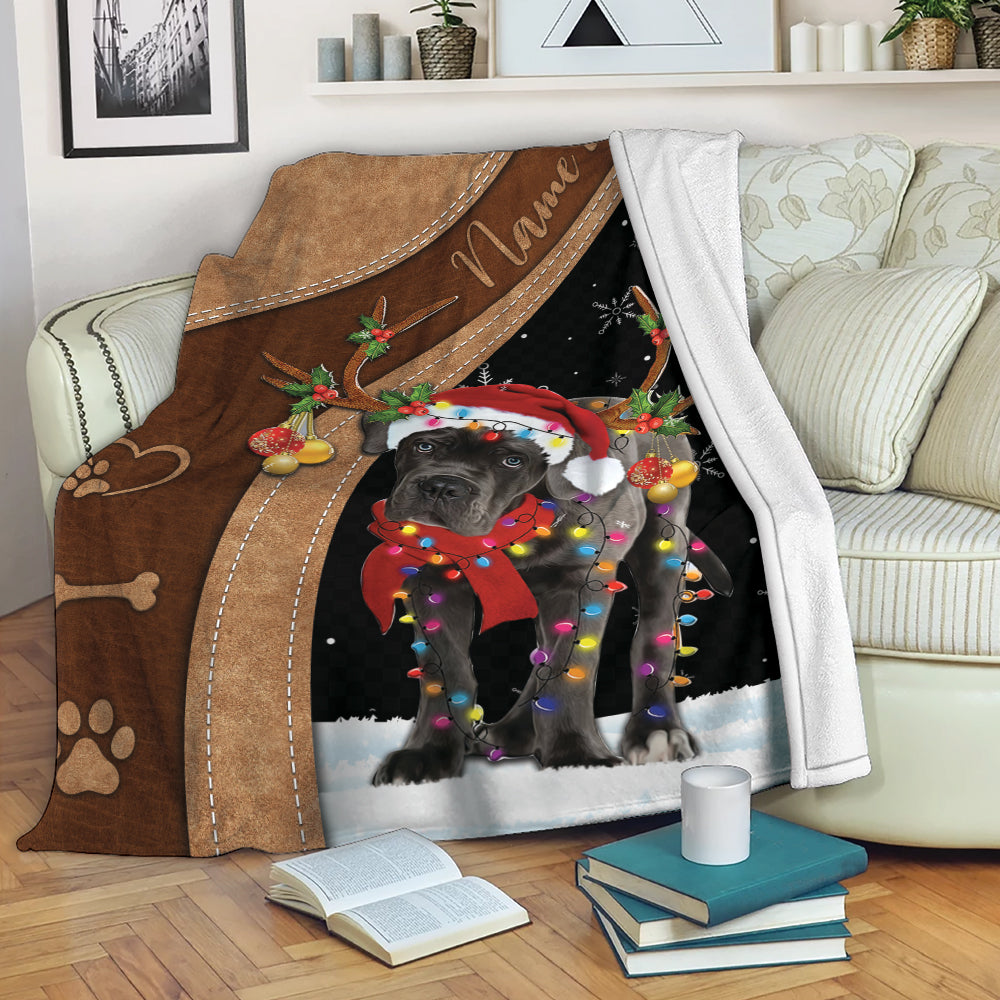 Ohaprints-Fleece-Sherpa-Blanket-Cane-Corso-With-Reindeer-Hat-String-Light-Christmas-Custom-Personalized-Name-Soft-Throw-Blanket-2111-Fleece Blanket