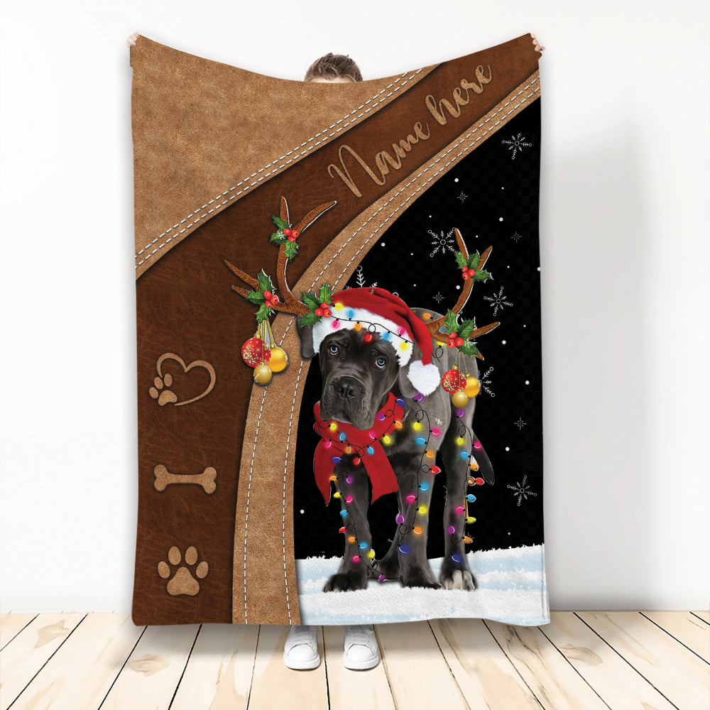 Ohaprints-Fleece-Sherpa-Blanket-Cane-Corso-With-Reindeer-Hat-String-Light-Christmas-Custom-Personalized-Name-Soft-Throw-Blanket-2111-Fleece Blanket