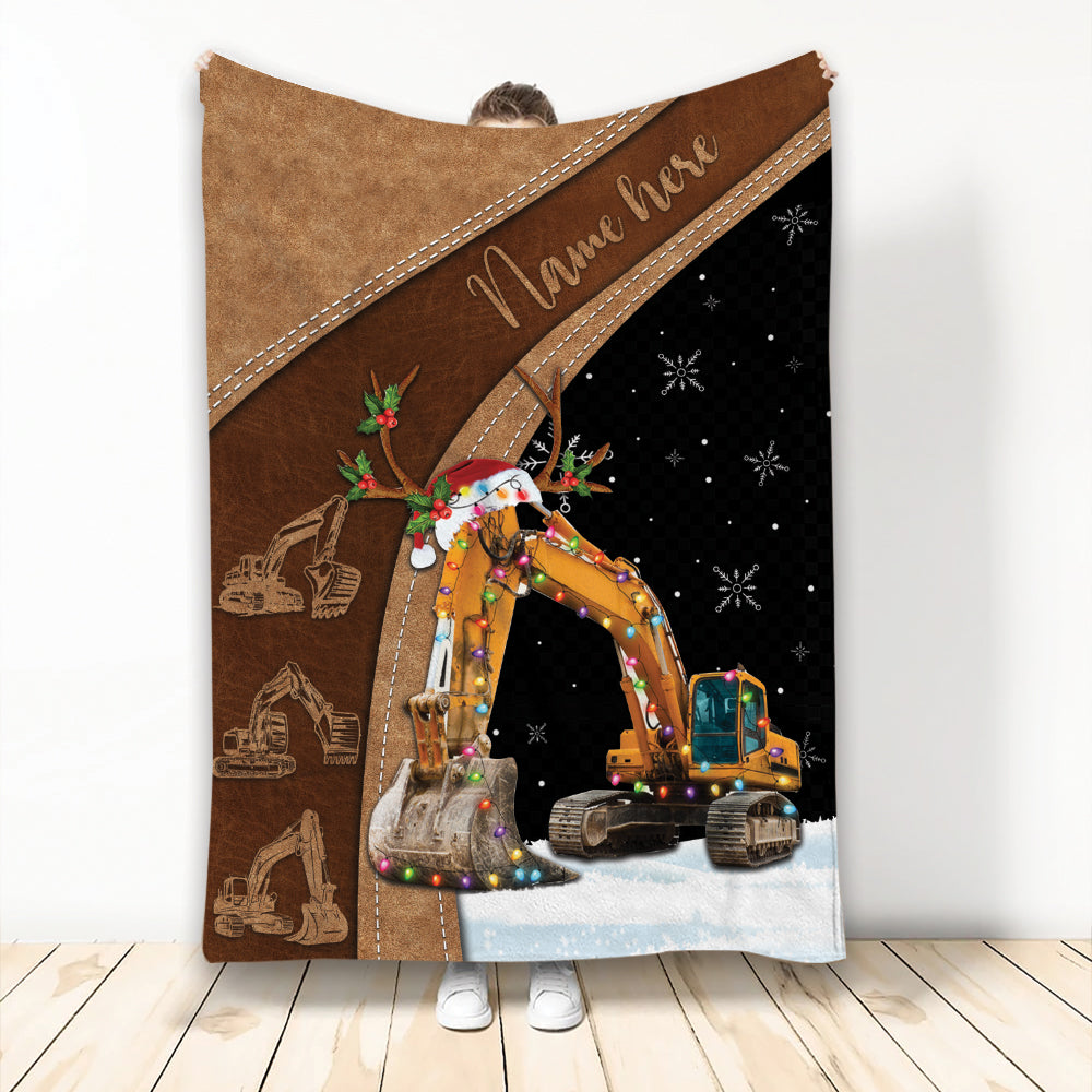 Ohaprints-Fleece-Sherpa-Blanket-Excavator-With-Reindeer-Hat-String-Light-Christmas-Custom-Personalized-Name-Soft-Throw-Blanket-2114-Fleece Blanket