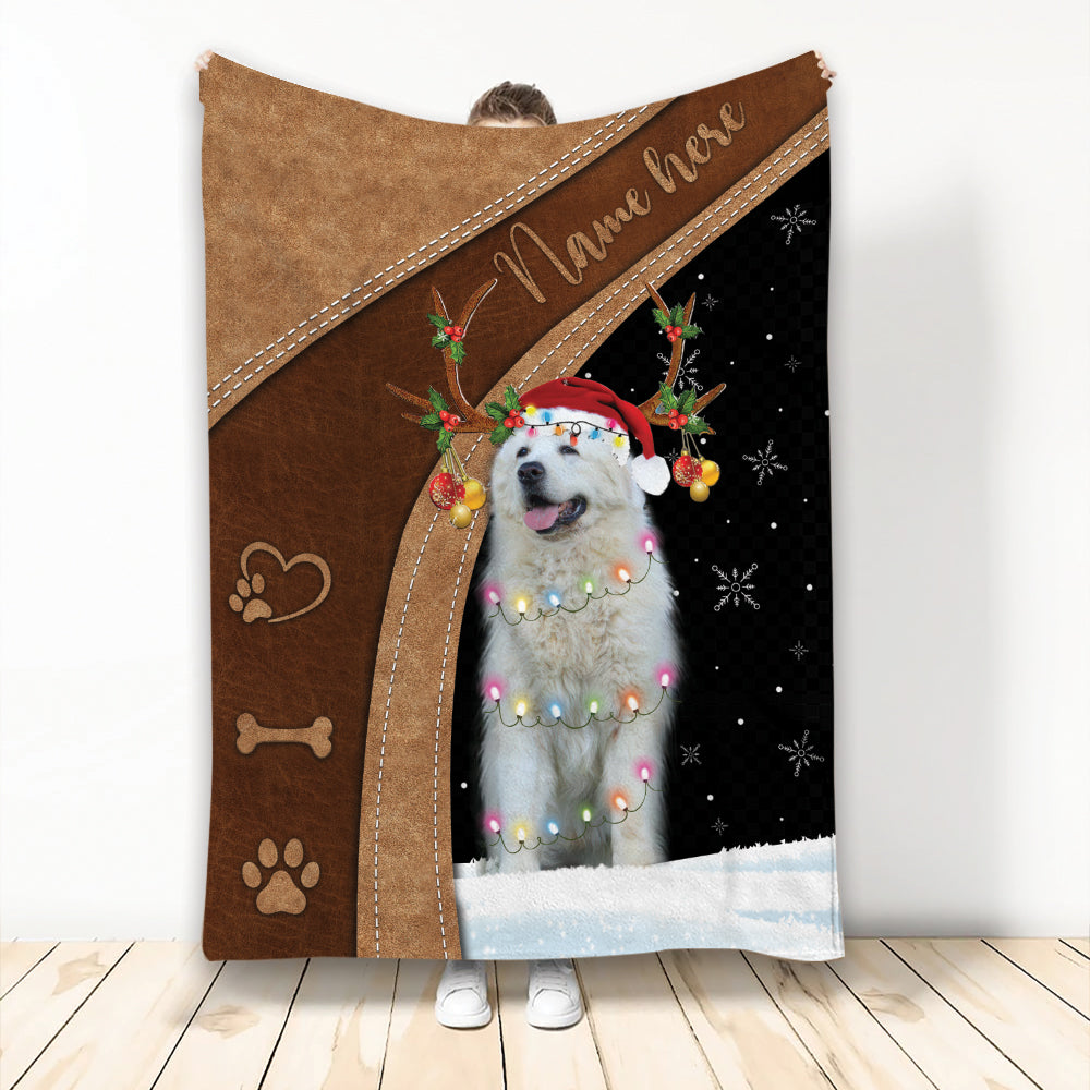 Ohaprints-Fleece-Sherpa-Blanket-Great-Pyrenees-Reindeer-Hat-String-Light-Christmas-Custom-Personalized-Name-Soft-Throw-Blanket-2116-Fleece Blanket