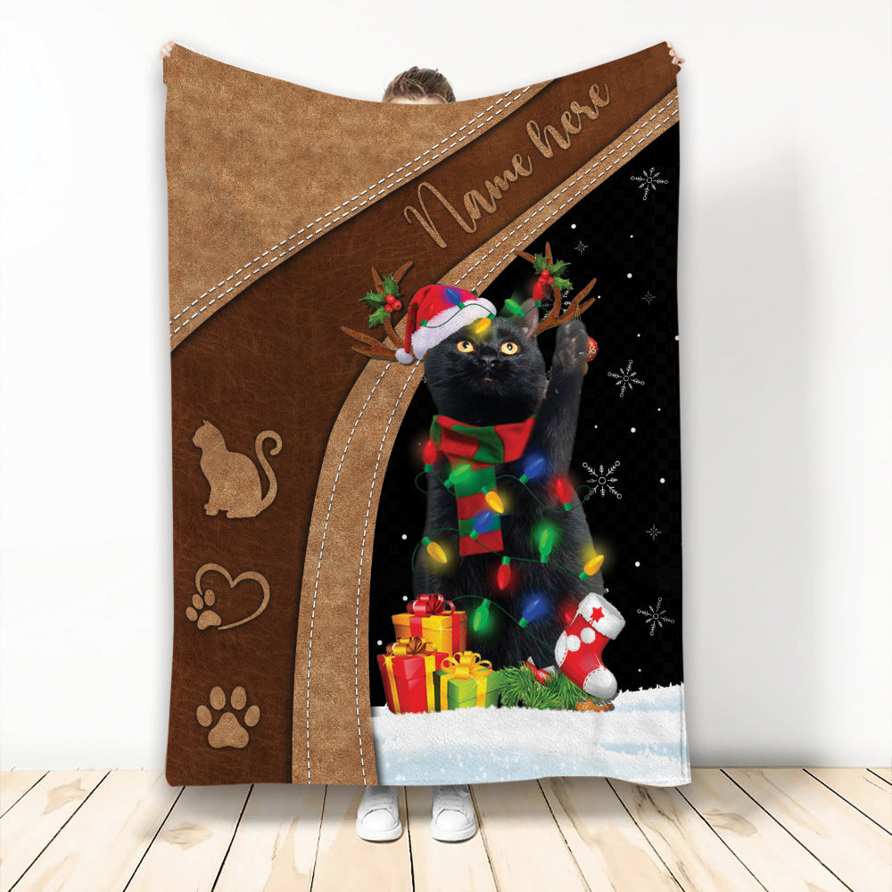 Ohaprints-Fleece-Sherpa-Blanket-Black-Cat-With-Reindeer-Hat-String-Light-Christmas-Custom-Personalized-Name-Soft-Throw-Blanket-2118-Fleece Blanket