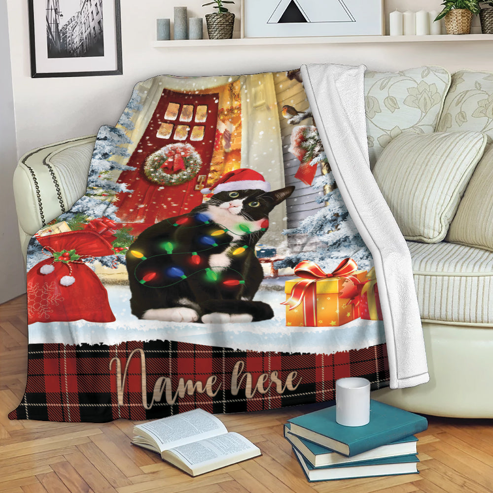 Ohaprints-Fleece-Sherpa-Blanket-Tuxedo-Cat-With-Santa-Hat-Christmas-Gift-Box-Custom-Personalized-Name-Soft-Throw-Blanket-2121-Fleece Blanket