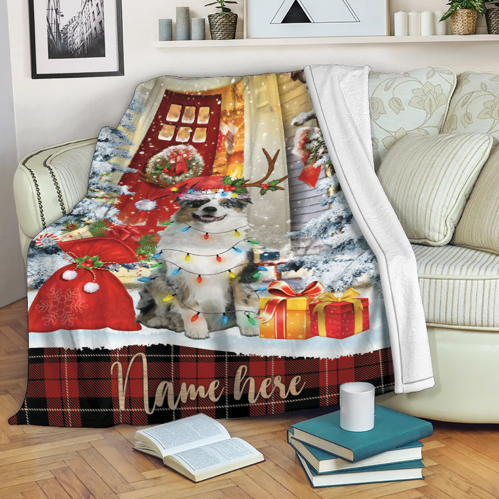 Ohaprints-Fleece-Sherpa-Blanket-Australian-Shepherd-With-Santa-Hat-Christmas-Gift-Box-Custom-Personalized-Name-Soft-Throw-Blanket-2126-Fleece Blanket