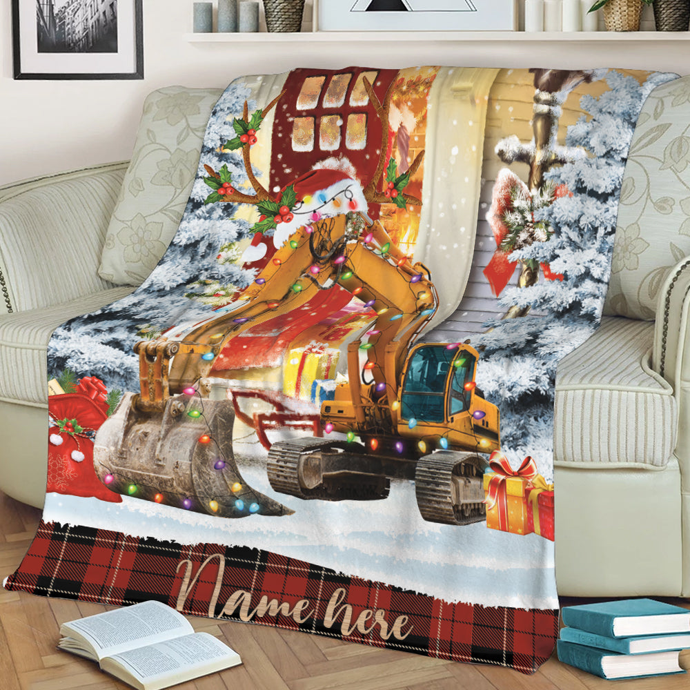 Ohaprints-Fleece-Sherpa-Blanket-Excavator-With-Santa-Hat-Christmas-Gift-Box-Custom-Personalized-Name-Soft-Throw-Blanket-2127-Sherpa Blanket
