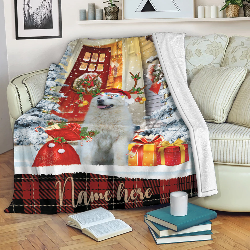 Ohaprints-Fleece-Sherpa-Blanket-Great-Pyrenees-With-Santa-Hat-Christmas-Gift-Box-Custom-Personalized-Name-Soft-Throw-Blanket-2129-Fleece Blanket