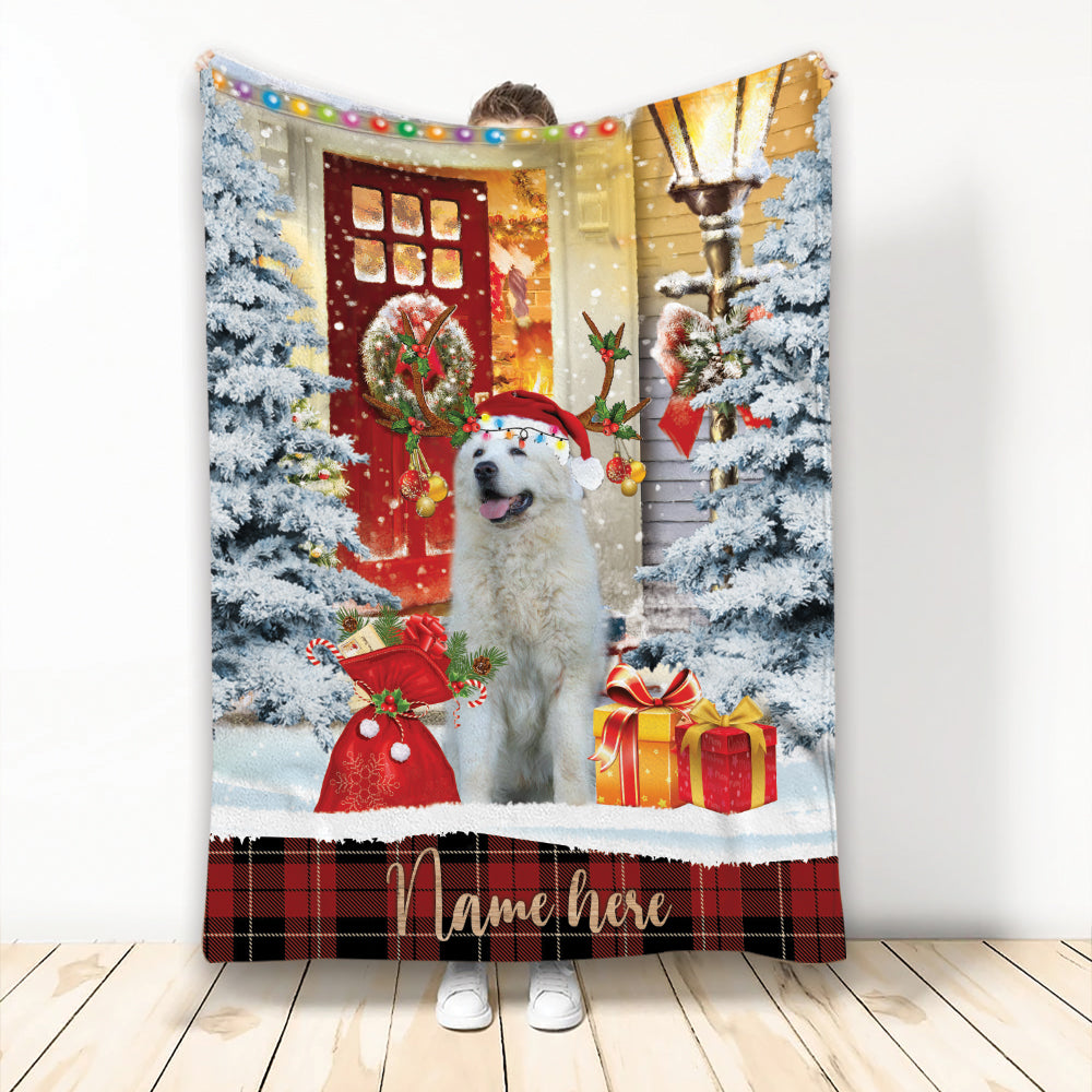 Ohaprints-Fleece-Sherpa-Blanket-Great-Pyrenees-With-Santa-Hat-Christmas-Gift-Box-Custom-Personalized-Name-Soft-Throw-Blanket-2129-Fleece Blanket