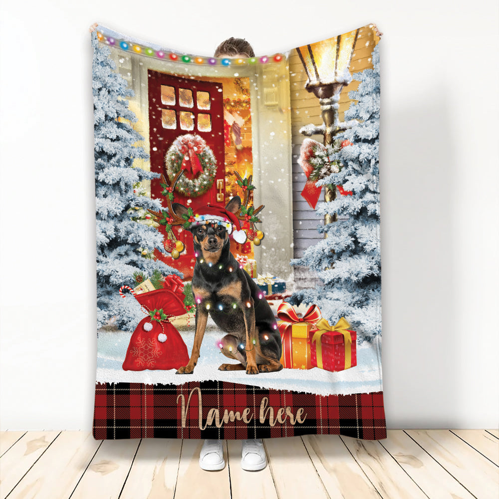 Ohaprints-Fleece-Sherpa-Blanket-Miniature-Pinscher-With-Santa-Hat-Christmas-Gift-Box-Custom-Personalized-Name-Soft-Throw-Blanket-2130-Fleece Blanket