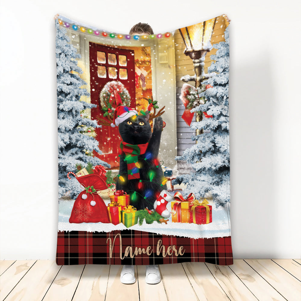 Ohaprints-Fleece-Sherpa-Blanket-Black-Cat-With-Santa-Hat-Christmas-Gift-Box-Custom-Personalized-Name-Soft-Throw-Blanket-2131-Fleece Blanket