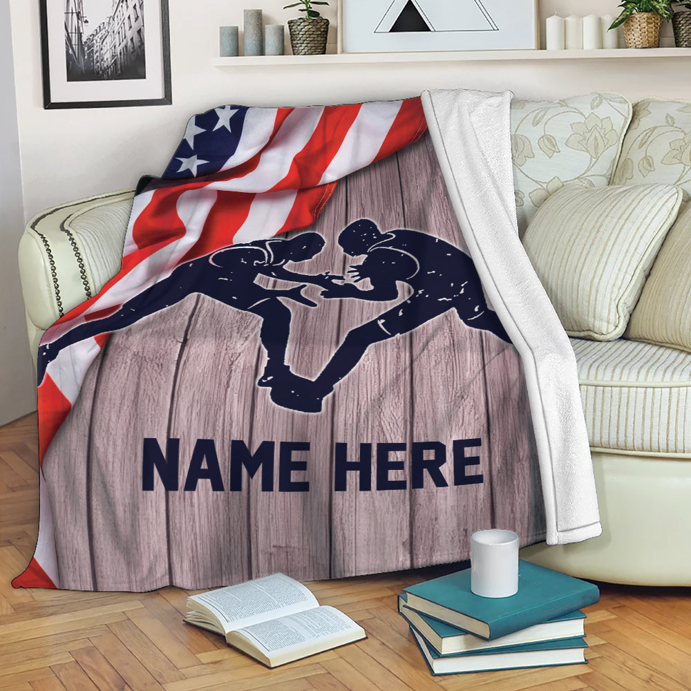 Ohaprints-Fleece-Sherpa-Blanket-Wrestling-Lover-Wrestler-Gift-American-Flag-Custom-Personalized-Name-Number-Soft-Throw-Blanket-2169-Fleece Blanket