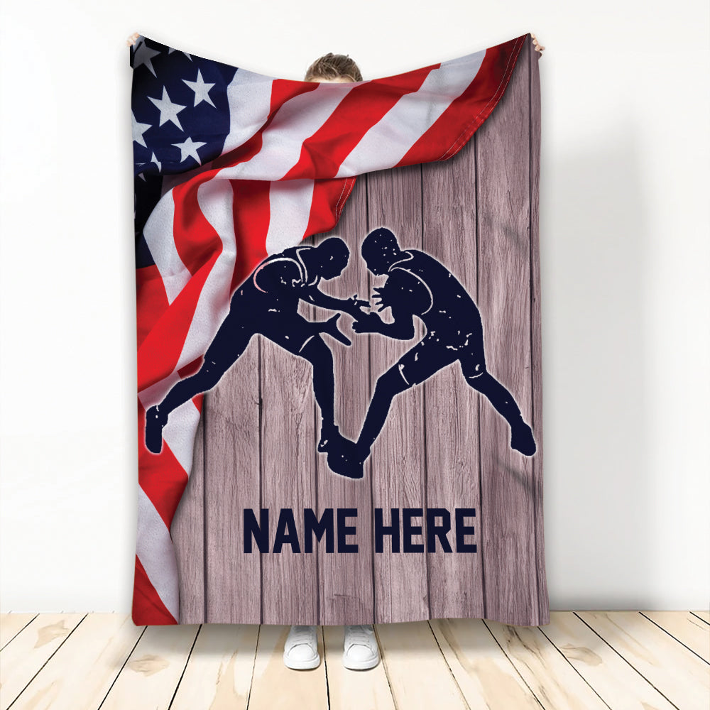 Ohaprints-Fleece-Sherpa-Blanket-Wrestling-Lover-Wrestler-Gift-American-Flag-Custom-Personalized-Name-Number-Soft-Throw-Blanket-2169-Fleece Blanket