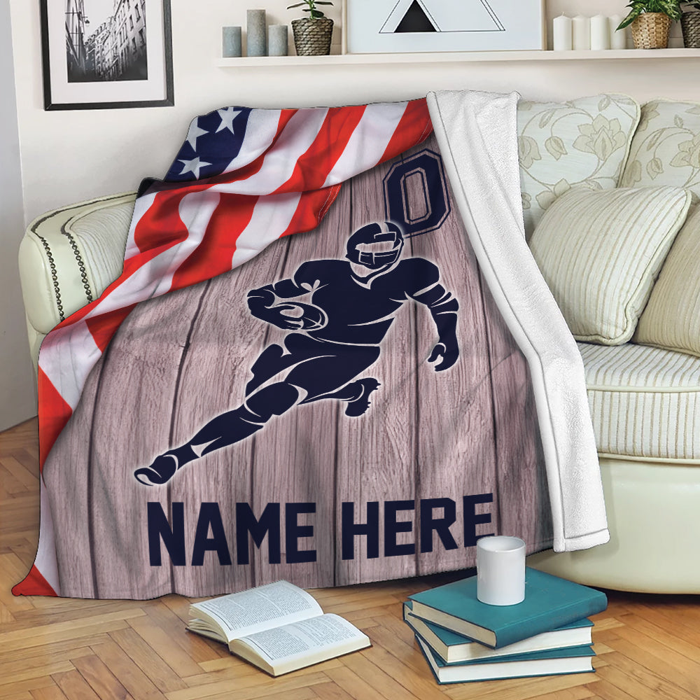 Ohaprints-Fleece-Sherpa-Blanket-American-Football-Player-Runner-Us-Flag-Custom-Personalized-Name-Number-Soft-Throw-Blanket-2172-Fleece Blanket