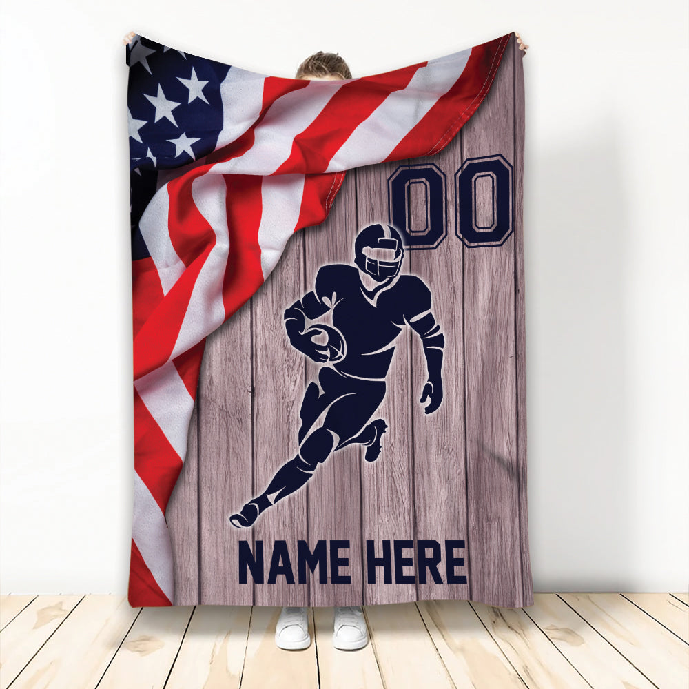 Ohaprints-Fleece-Sherpa-Blanket-American-Football-Player-Runner-Us-Flag-Custom-Personalized-Name-Number-Soft-Throw-Blanket-2172-Fleece Blanket