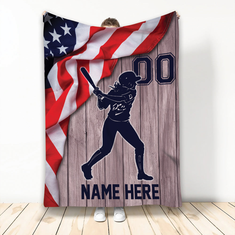 Ohaprints-Fleece-Sherpa-Blanket-Softball-Player-Girl-American-Flag-Custom-Personalized-Name-Number-Soft-Throw-Blanket-2173-Fleece Blanket