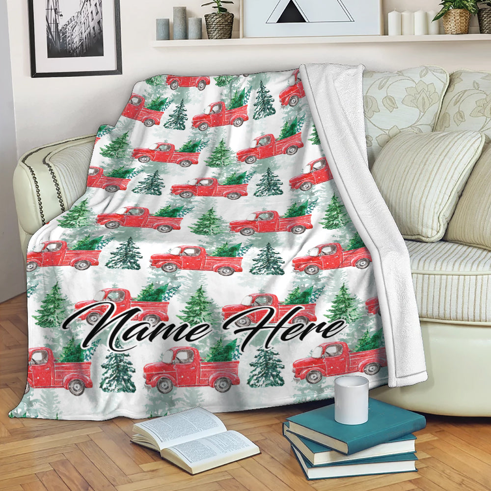 Ohaprints-Fleece-Sherpa-Blanket-Christmas-Tree-Red-Truck-Snowflake-Custom-Personalized-Name-Soft-Throw-Blanket-1959-Fleece Blanket