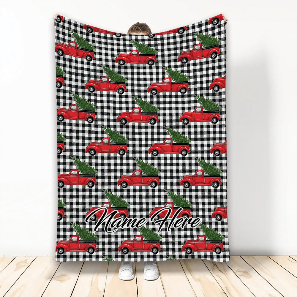 Ohaprints-Fleece-Sherpa-Blanket-Christmas-Tree-Red-Truck-Buffalo-Plaid-Custom-Personalized-Name-Soft-Throw-Blanket-1960-Fleece Blanket